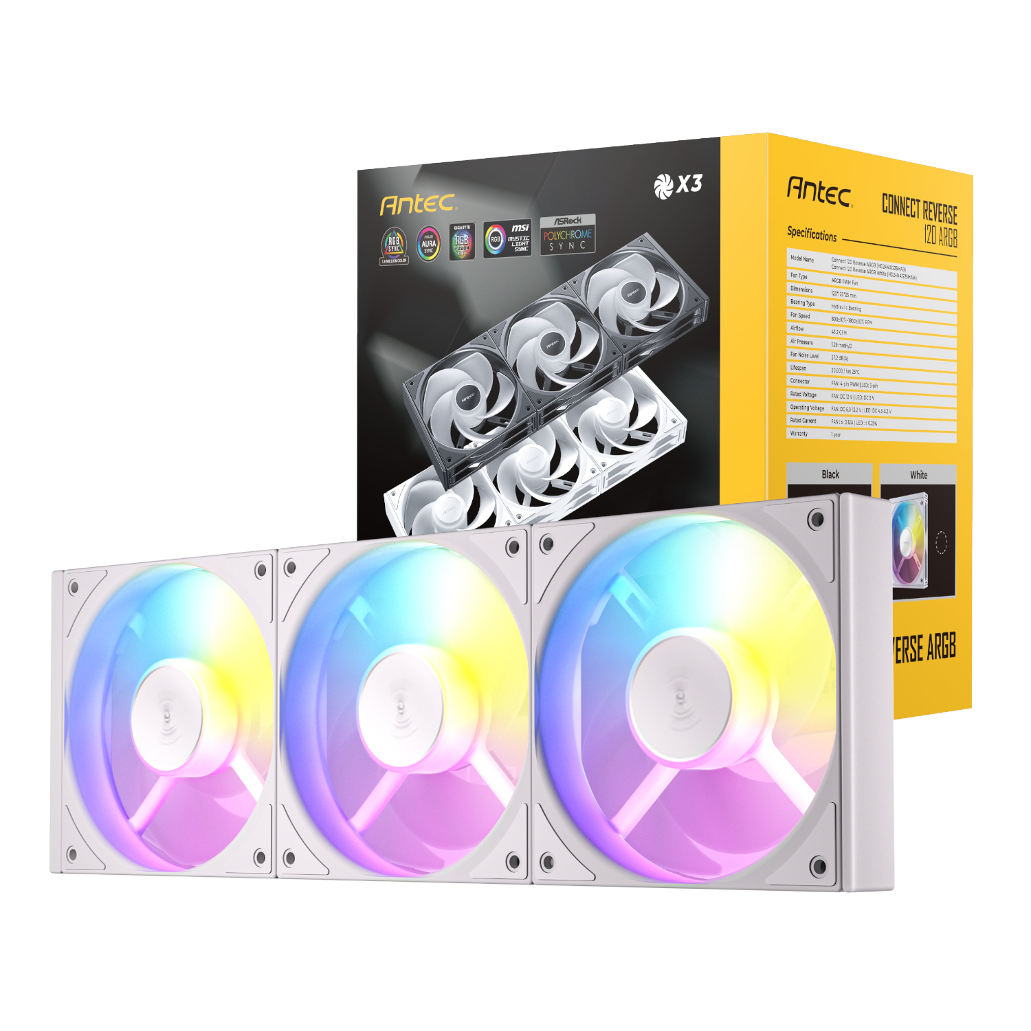 Antec_C120R-ARGB-3PK-WH_wr_01a Antec Connect 120 Reverse ARGB PWM Fan 3 Pack – White - Image 1